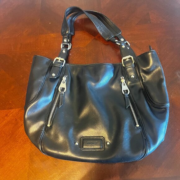 Nine West Black Faux Leather Tote Bag Dual Handles‎ Leopard Print Lining handbag - Picture 1 of 10